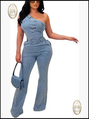 Denim Jumpsuit with Asymmetric Design, Slim Fit, Sleeveless